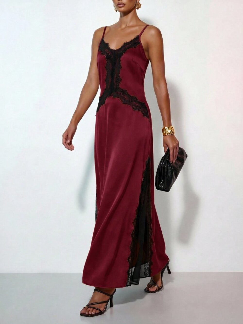 Burgundy Casual Women's Lace Patchwork Party Long Cami Dress - Picture 7 of 7